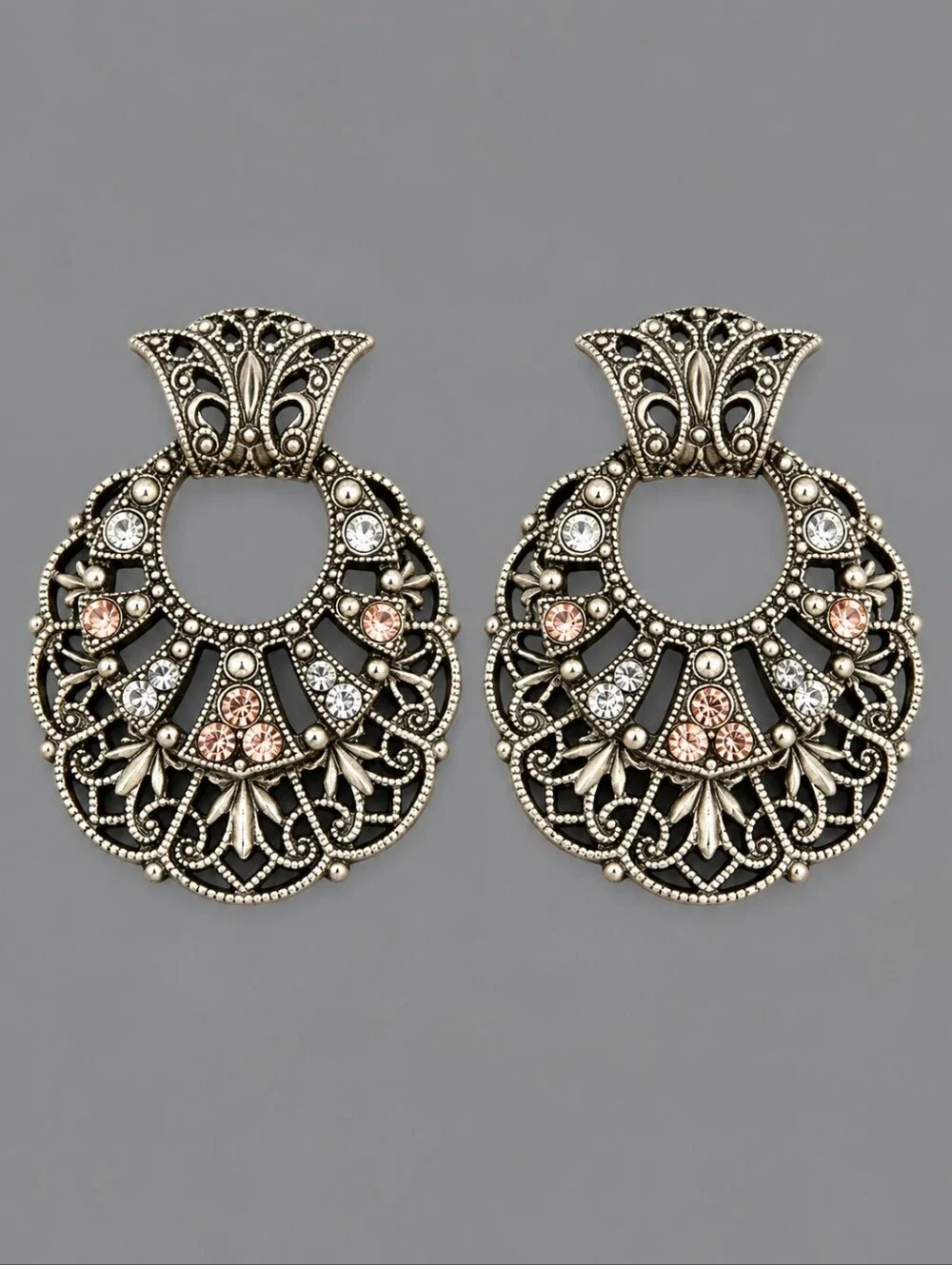 1928 Regency Silver Filigree Drop Earrings with Pink & Blue Crystals